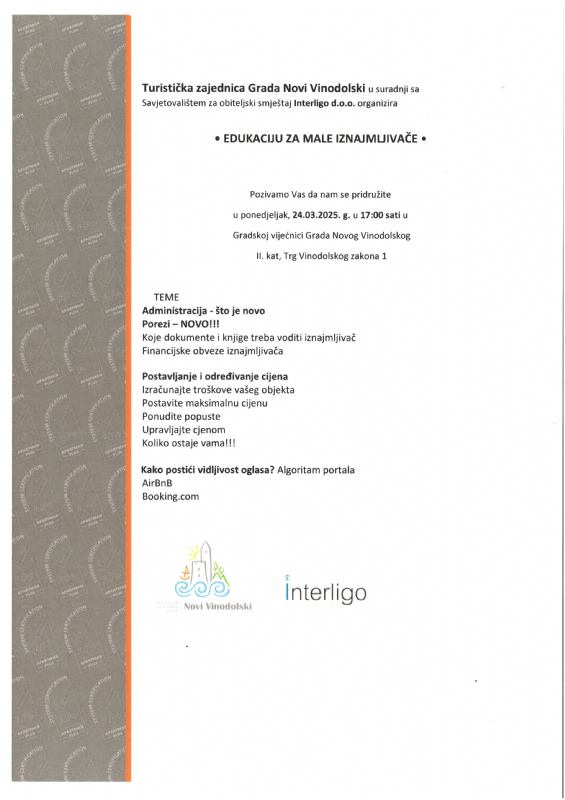 Poziv na Edukaciju za male iznajmljivače u Gradskoj vijećnici